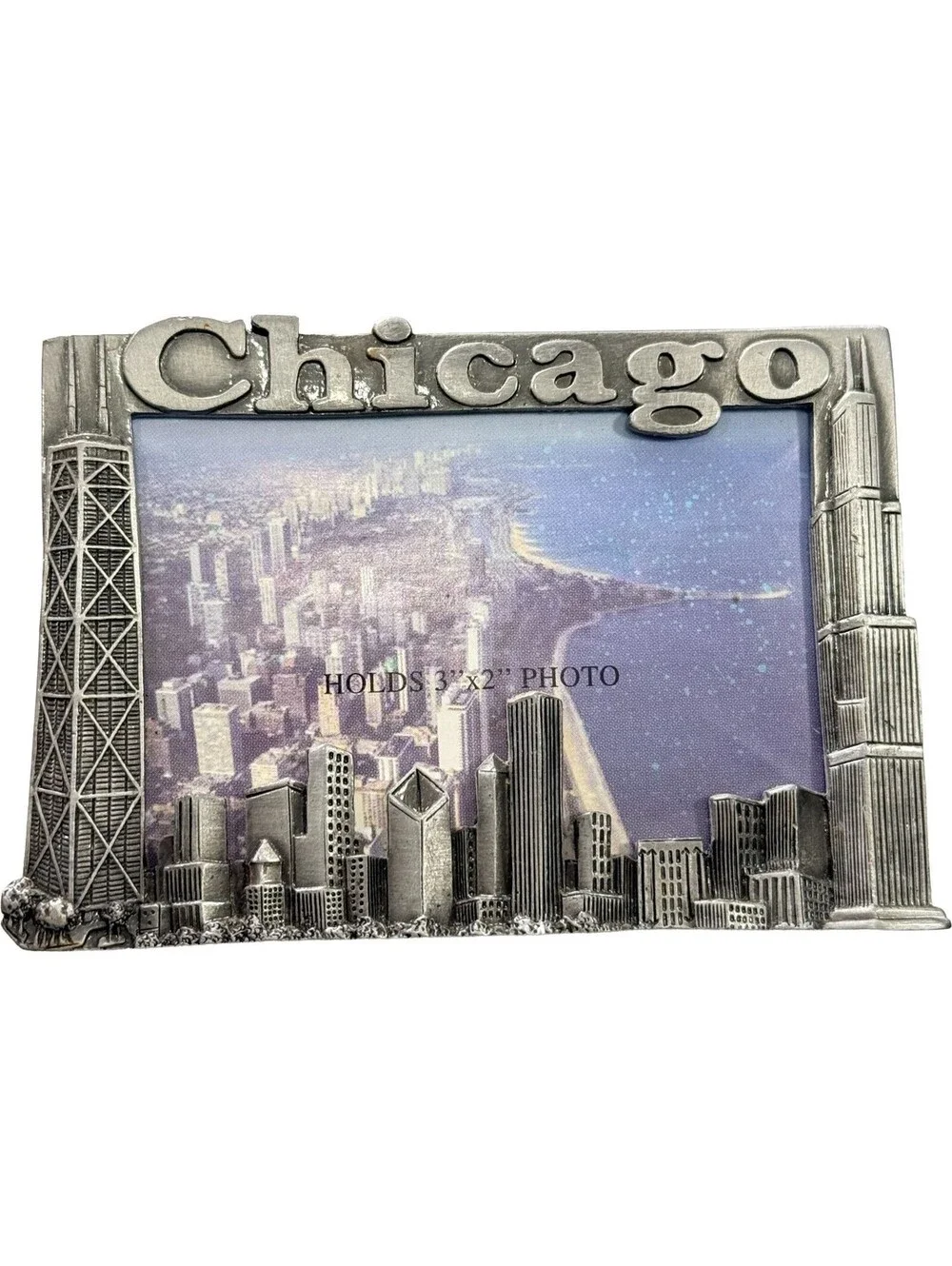 Vintage Chicago Skyline Metal Picture Frame Magnet Holds 3